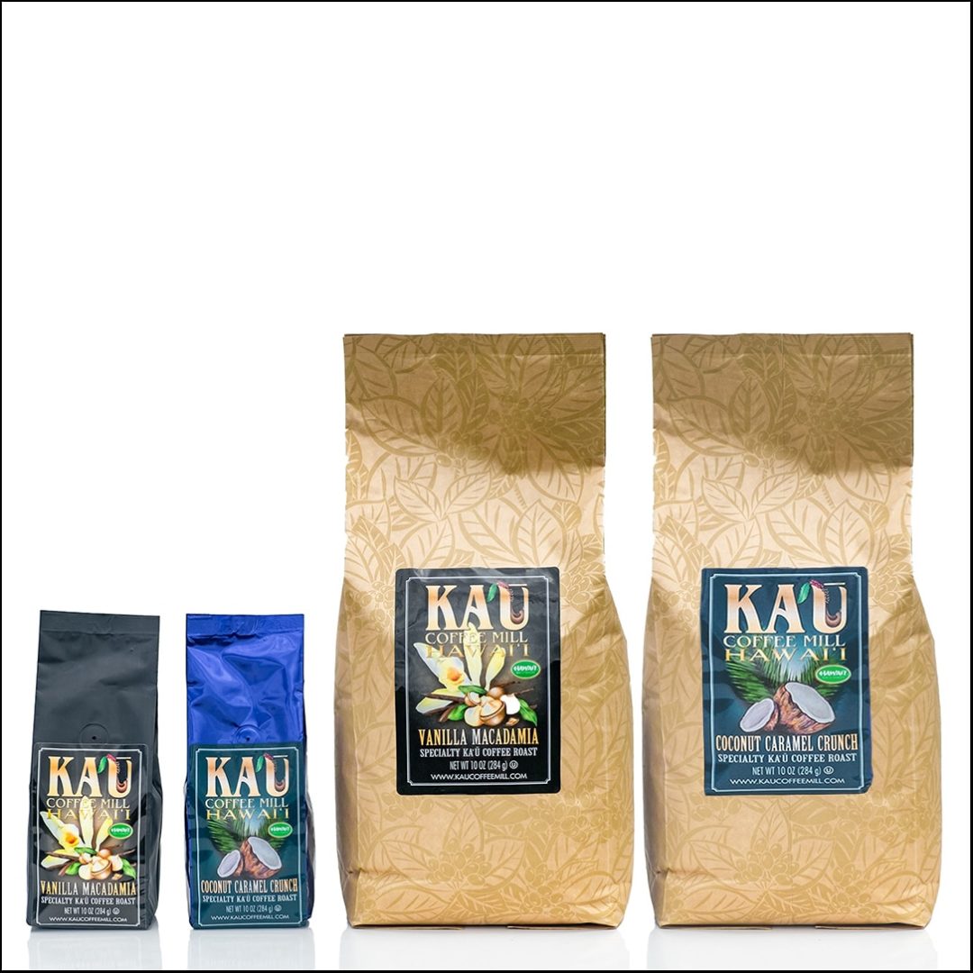 10oz and 5lb bags of two flavored coffees